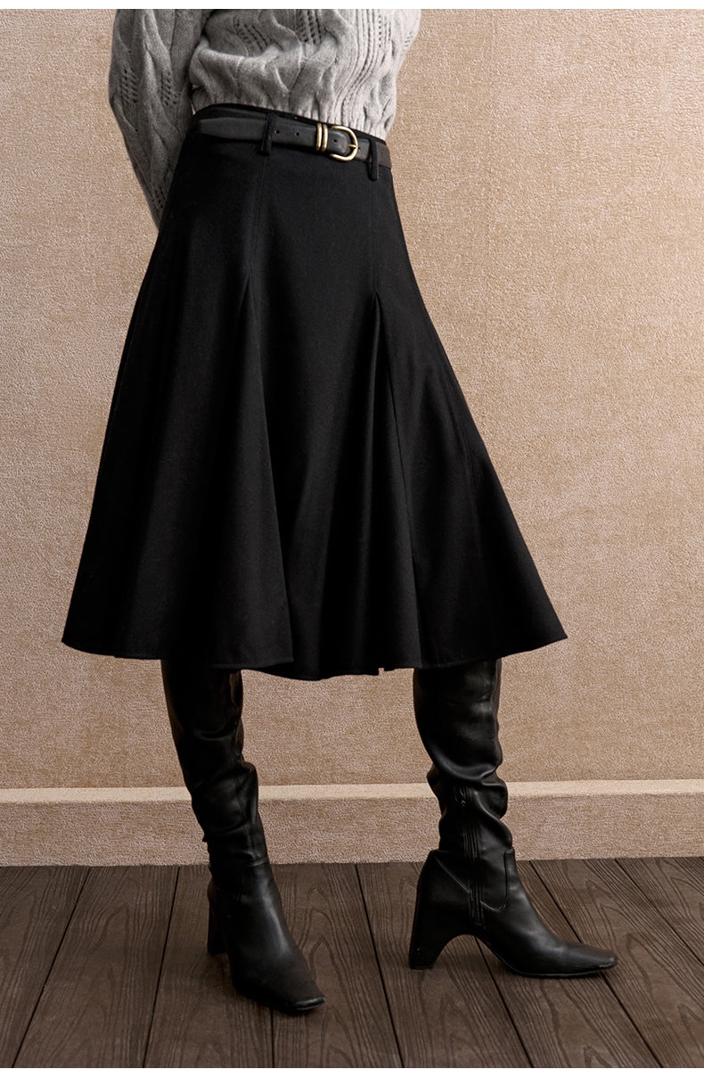 Shan Que Liu Godet Wool-Blend Skirt - Deep Ink Black