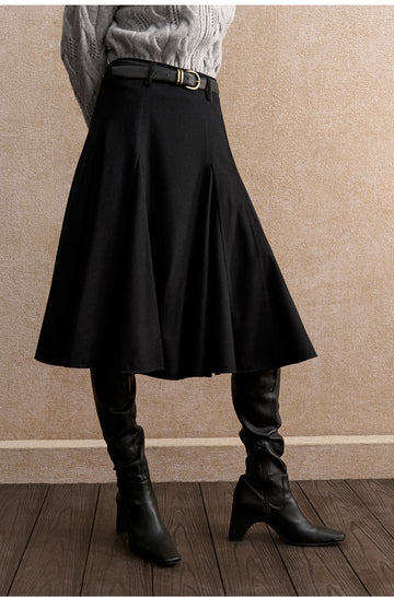 Shan Que Liu Godet Wool-Blend Skirt - Deep Ink Black