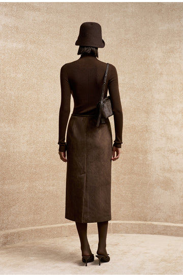 Hongdoushan Faux Suede Pencil Skirt in Mocha Brown - view 2