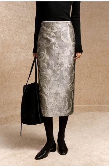 Shuiyunshen Floral Jacquard Wind Chime Skirt in Moon Mist Grey - view 4