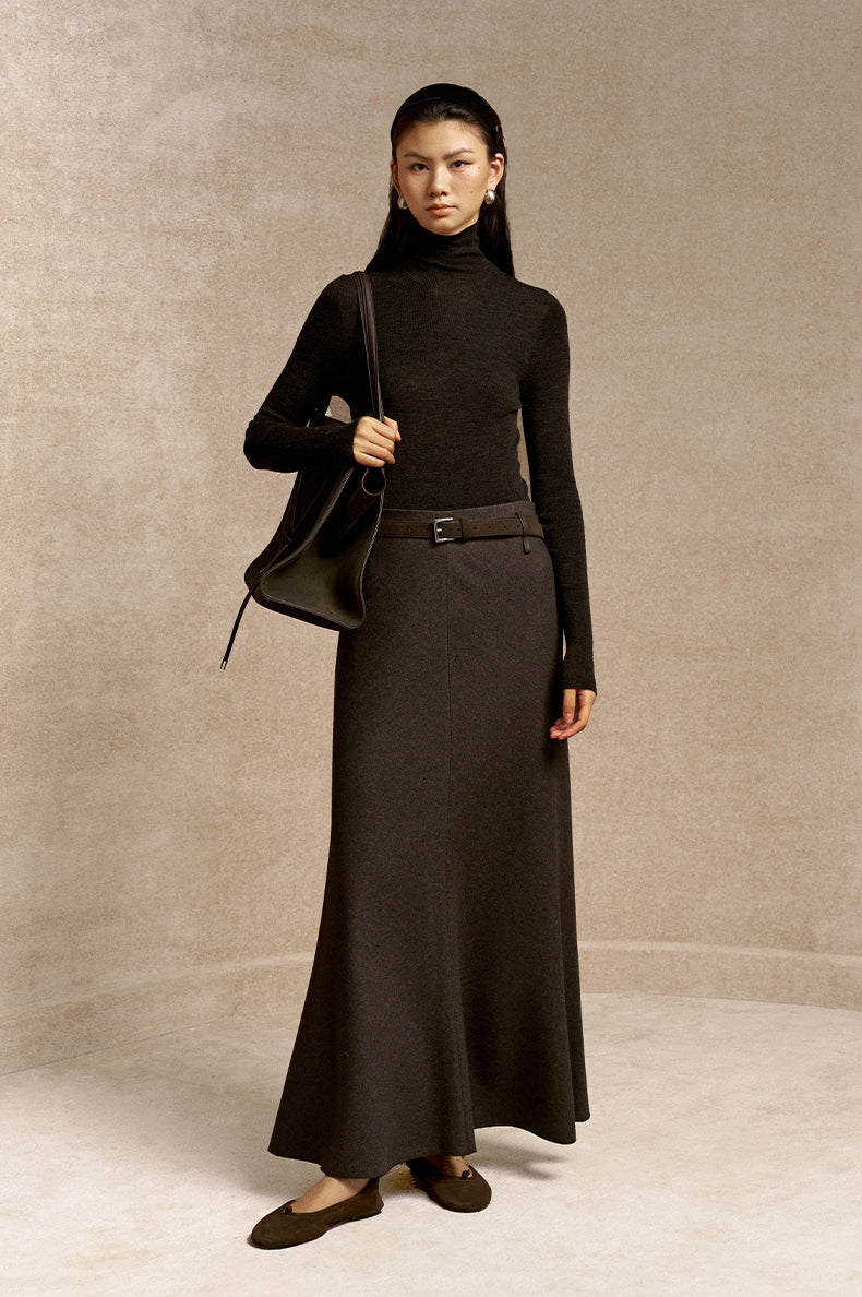 Zuichuntai Belted A-Line Melton Skirt in Coffee Brown - view 1