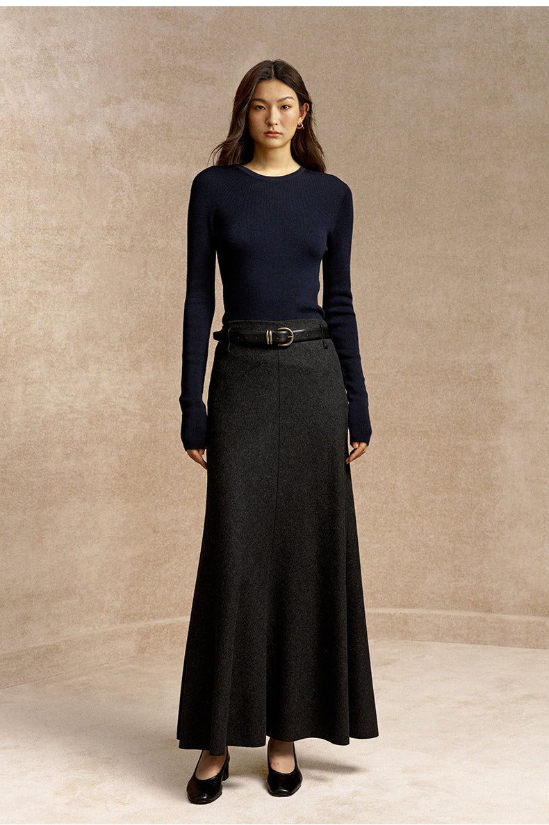 Zuichuntai Belted A-Line Melton Skirt in Carbon Grey - view 1