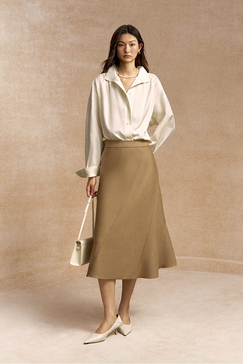 Guajinsuo Diagonal Panel Wool Midi Skirt in Frosted Apricot Camel - view 1