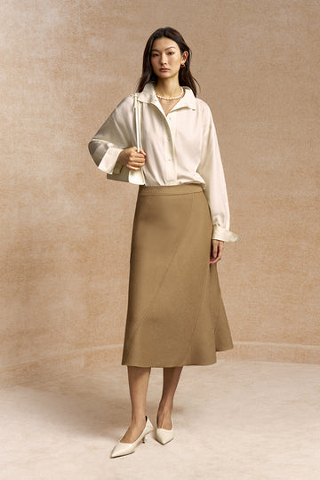 Guajinsuo Diagonal Panel Wool Midi Skirt in Frosted Apricot Camel - view 2