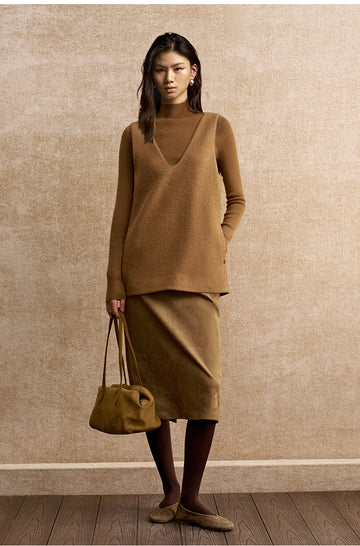Quanerci Deep V Wool Layering Vest in Warm Sand Camel - view 2