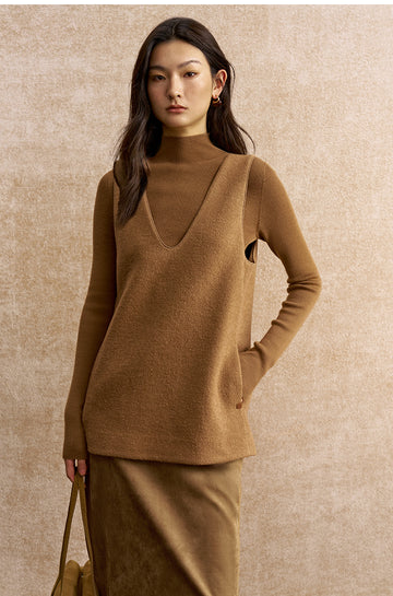 Quanerci Deep V Wool Layering Vest in Warm Sand Camel - view 3