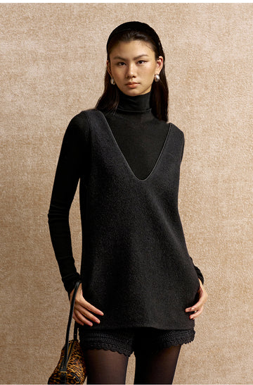 Quanerci Deep V Wool Layering Vest in Ink Black - view 1