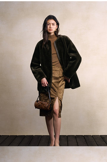 Shen Xian Hui Collarless Faux-Fur Jacket in Smoked Green - view 1