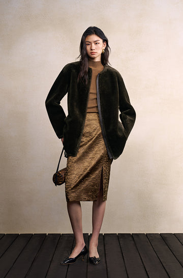 Shen Xian Hui Collarless Faux-Fur Jacket in Smoked Green - view 2