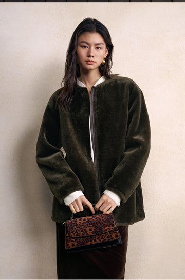 Shen Xian Hui Collarless Faux-Fur Jacket in Smoked Green - view 3