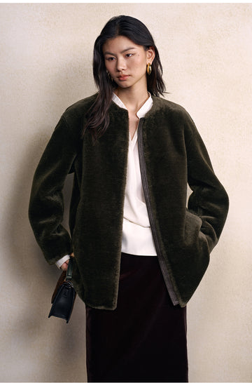 Shen Xian Hui Collarless Faux-Fur Jacket in Smoked Green - view 4