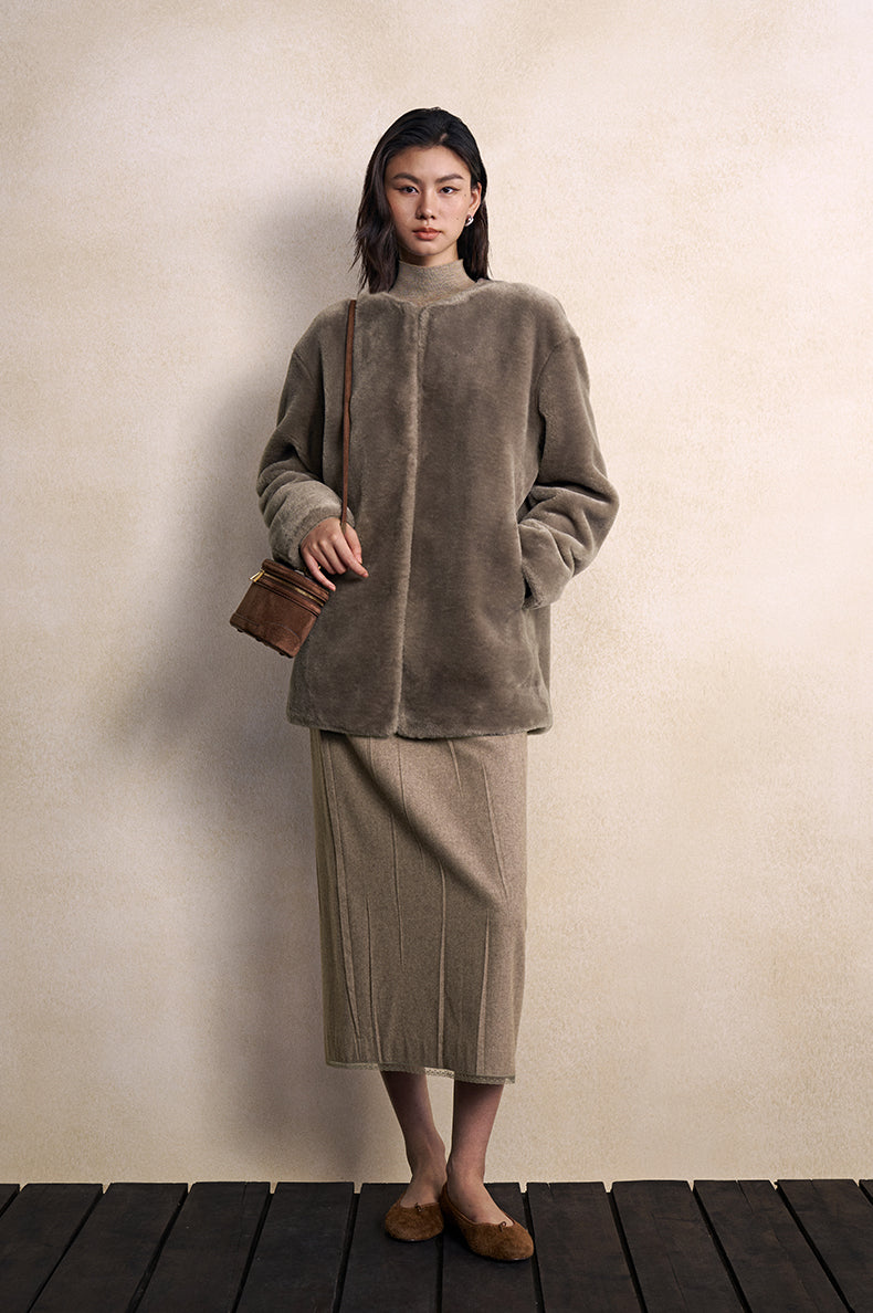 Shen Xian Hui Collarless Faux-Fur Jacket in Milk Tea - view 1