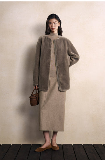 Shen Xian Hui Collarless Faux-Fur Jacket in Milk Tea - view 2