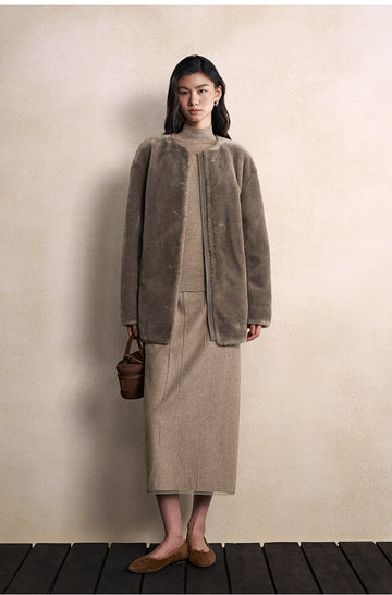 Shen Xian Hui Collarless Faux-Fur Jacket in Milk Tea - view 3