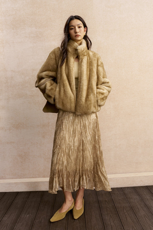 Longshanhui Zip Front Faux Fur Jacket in Honey Beige - view 1 - Honey Beige