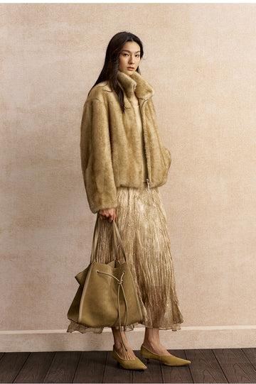 Longshanhui Zip Front Faux Fur Jacket in Honey Beige - view 2 - Honey Beige
