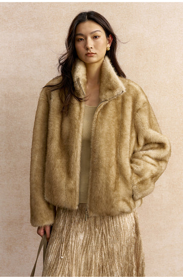 Longshanhui Zip Front Faux Fur Jacket in Honey Beige - view 3 - Honey Beige