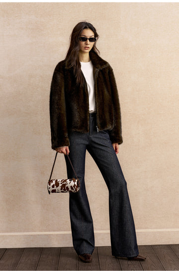 Longshanhui Zip Front Faux Fur Jacket in Deep Brown - view 1 - Deep Brown