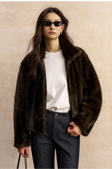 Longshanhui Zip Front Faux Fur Jacket in Deep Brown - view 2 - Deep Brown