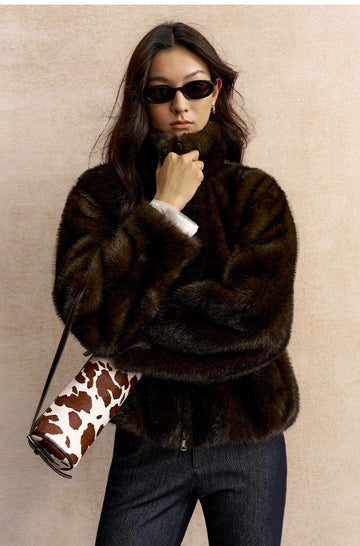 Longshanhui Zip Front Faux Fur Jacket in Deep Brown - view 3 - Deep Brown