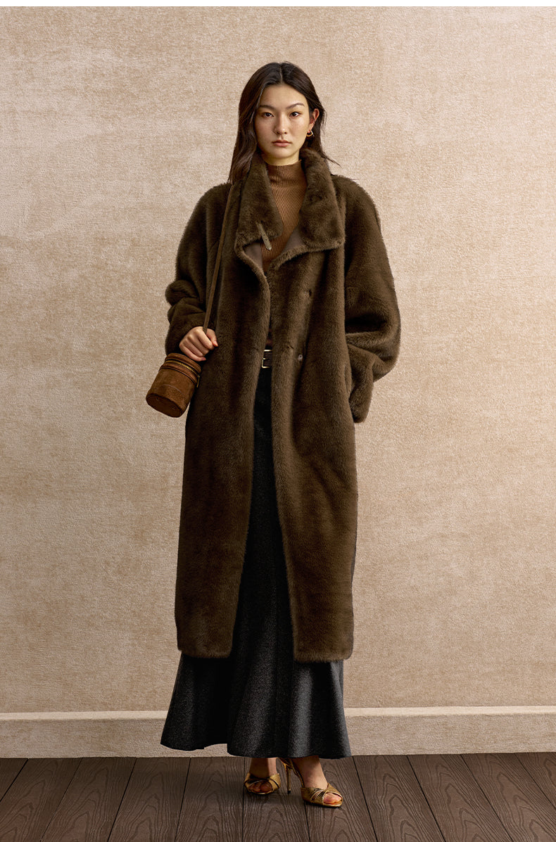 Yuemi Convertible Collar Faux-Fur Coat in Elm Brown - view 1