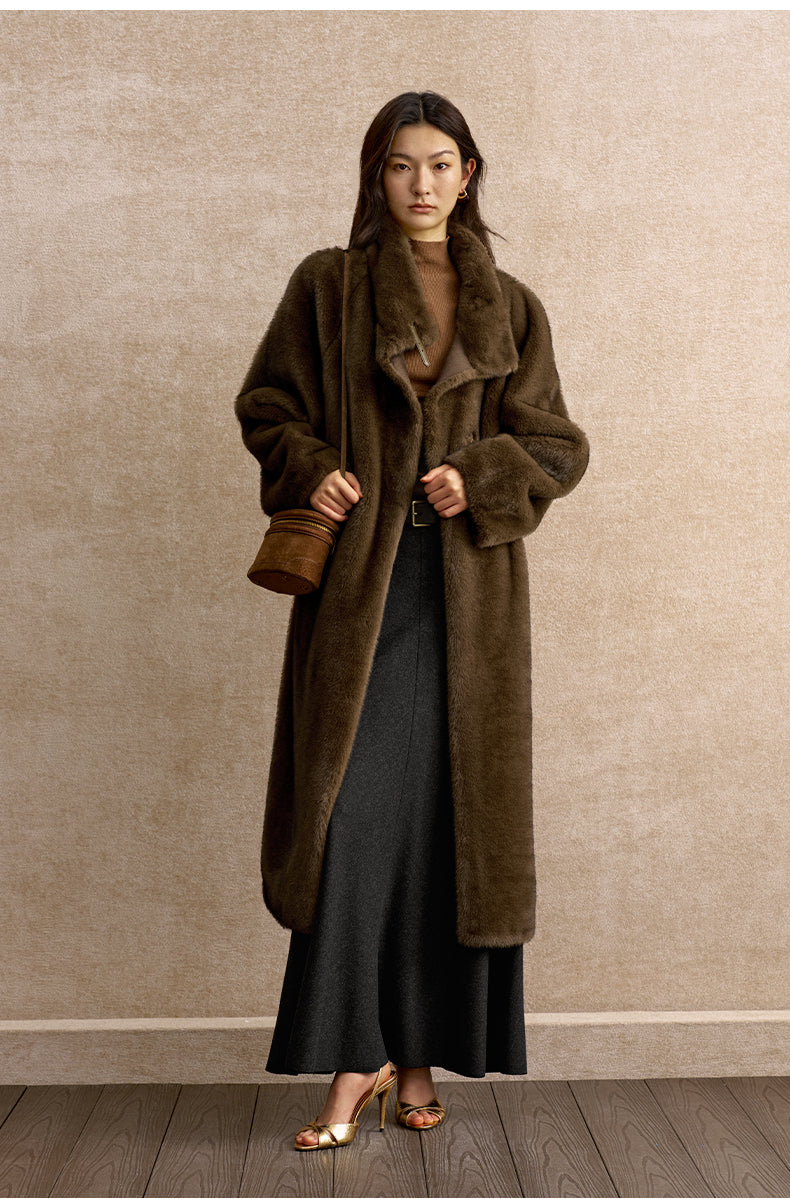 Yuemi Convertible Collar Faux-Fur Coat in Elm Brown - view 2