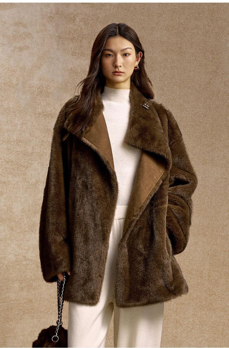 Chaomeng Cocoon Faux-Fur Wrap Jacket in Elm Brown - view 3