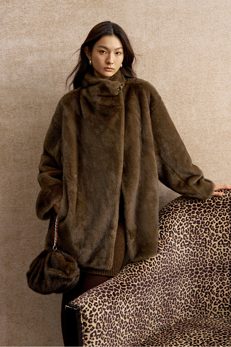 Chaomeng Cocoon Faux-Fur Wrap Jacket in Elm Brown - view 4