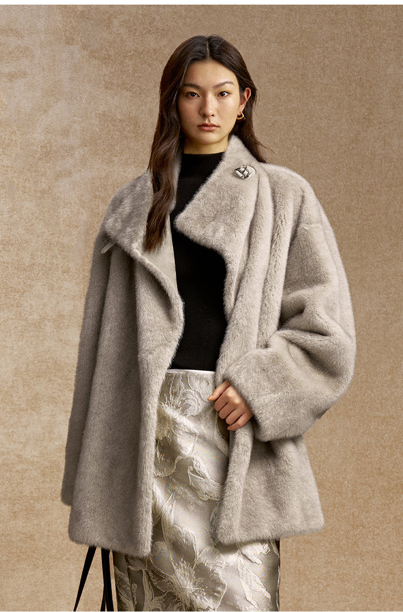 Chaomeng Cocoon Faux-Fur Wrap Jacket in Misty Grey - view 3