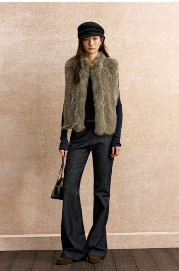 Bichuangmeng Textured Fox Fur Vest in Silver Green Grey - view 2