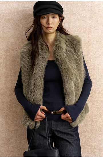 Bichuangmeng Textured Fox Fur Vest in Silver Green Grey - view 3