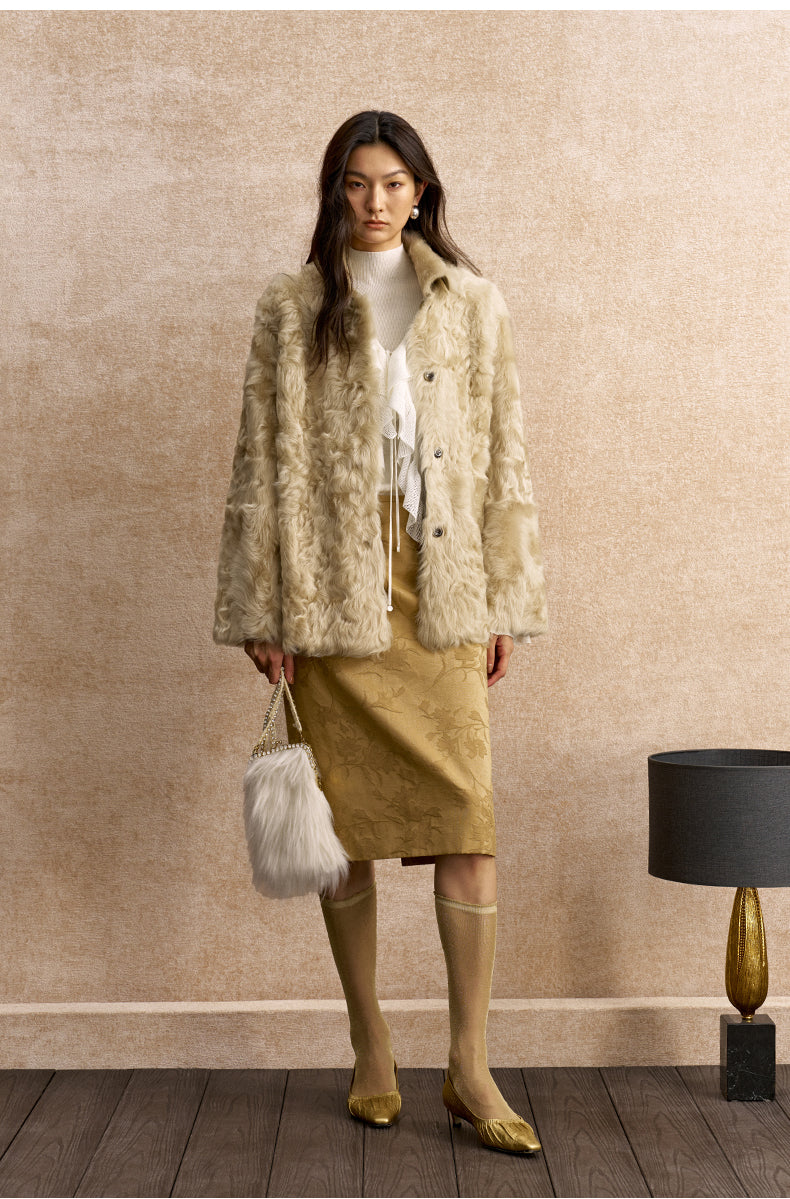 Mojingchun Reversible Shearling Shirt Jacket in Sand Yellow - view 1