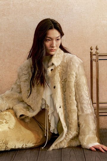 Mojingchun Reversible Shearling Shirt Jacket in Sand Yellow - view 3