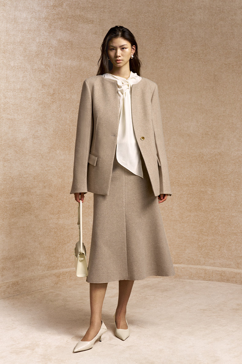 Luoyue Collarless Wool Blend Tailored Jacket in Light Tea Camel - view 1