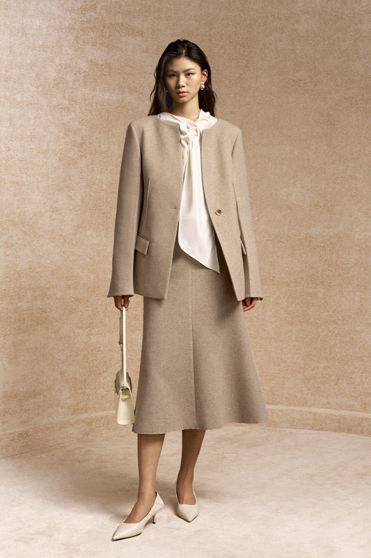 Luoyue Collarless Wool Blend Tailored Jacket in Light Tea Camel - view 1