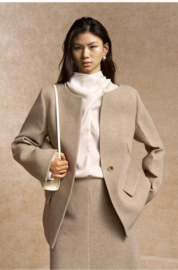Luoyue Collarless Wool Blend Tailored Jacket in Light Tea Camel - view 2