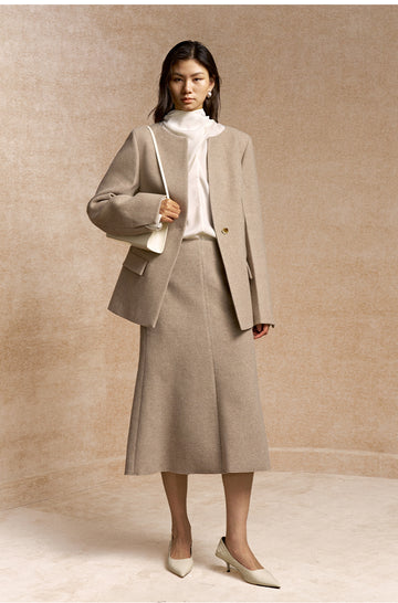 Luoyue Collarless Wool Blend Tailored Jacket in Light Tea Camel - view 3