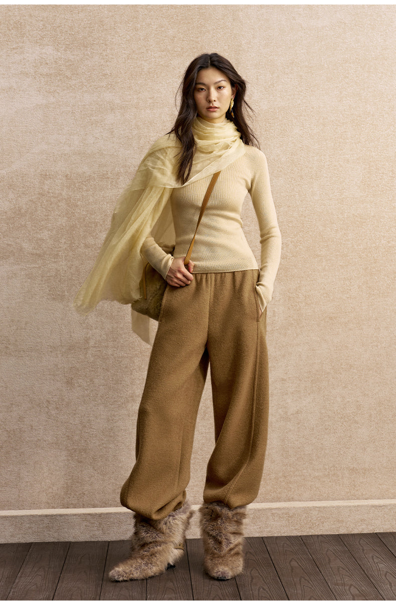 Xue Shi Er Wool-Blend Wide-Leg Pants - Warm Sand Camel