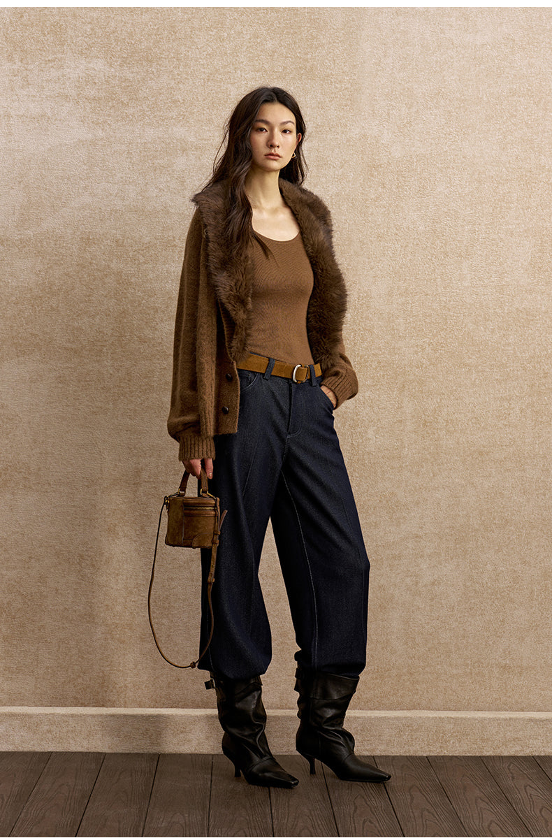 Hansong Draped Denim-Look Straight Trousers in Deep Space Blue - view 2