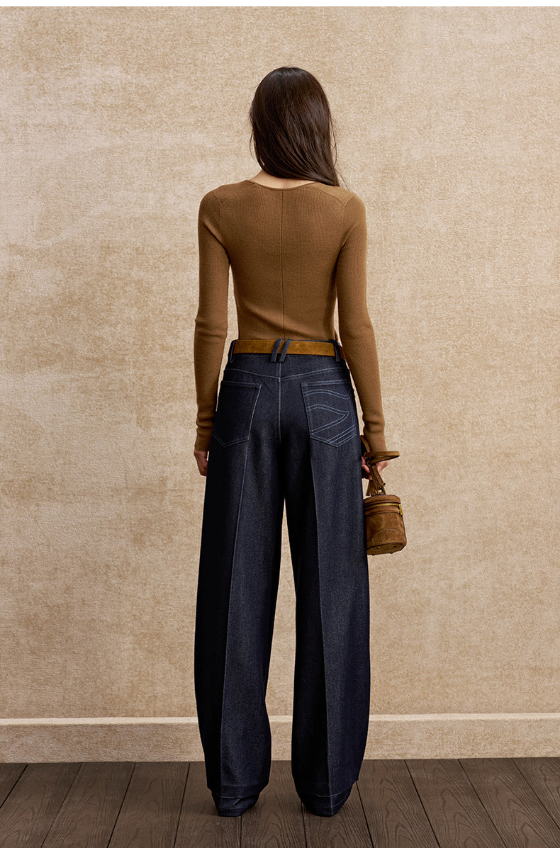 Hansong Draped Denim-Look Straight Trousers in Deep Space Blue - view 4