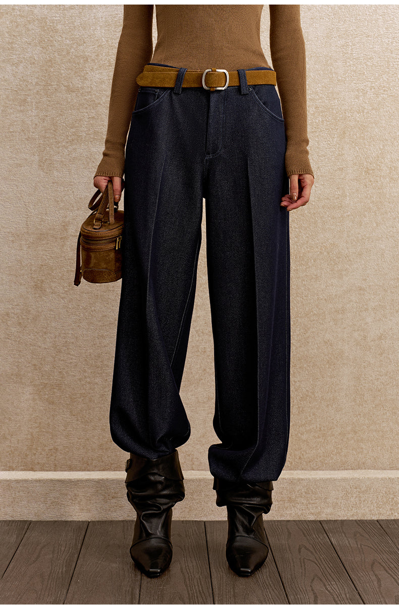 Hansong Draped Denim-Look Straight Trousers in Deep Space Blue - view 6