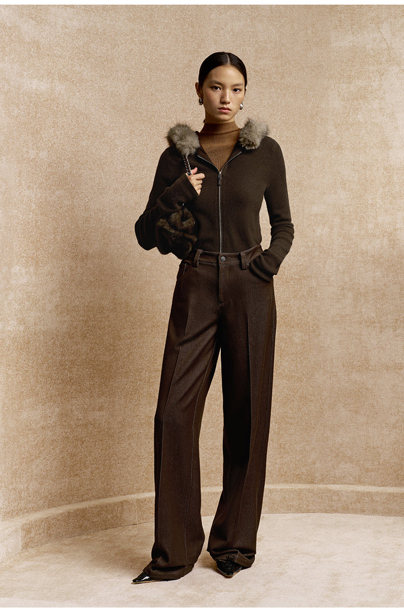 Hansong Draped Denim-Look Straight Trousers in Dark Brown - view 2