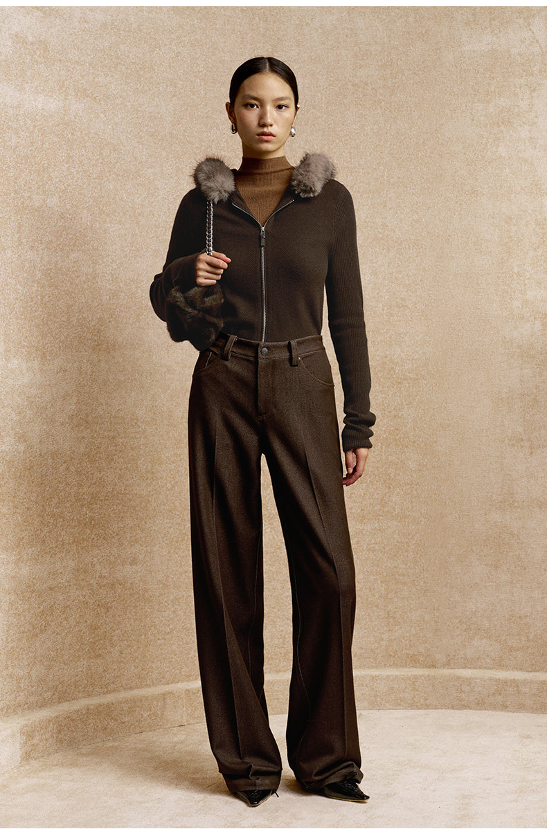 Hansong Draped Denim-Look Straight Trousers in Dark Brown - view 3