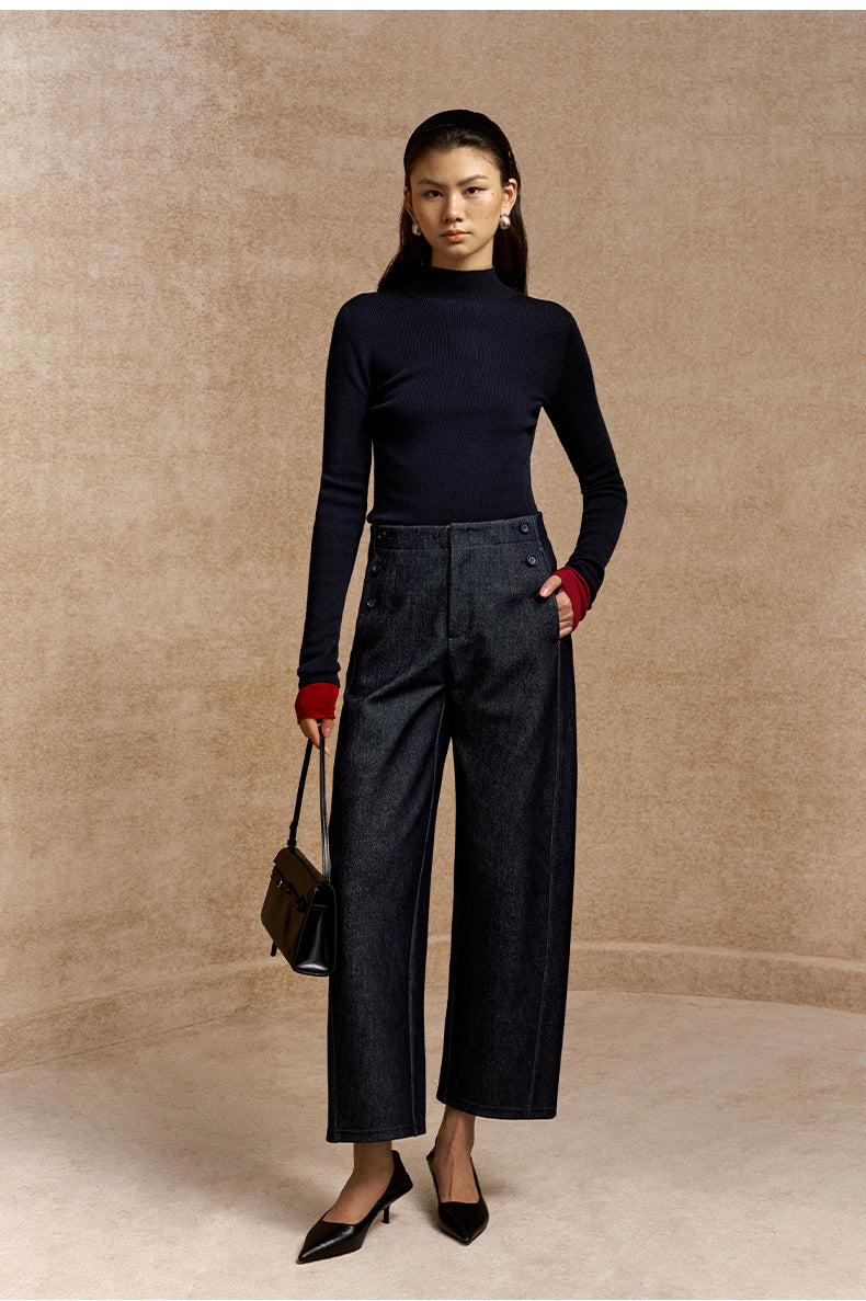He Ye Bei Button-Detail Cropped Pants - Deep Denim Blue