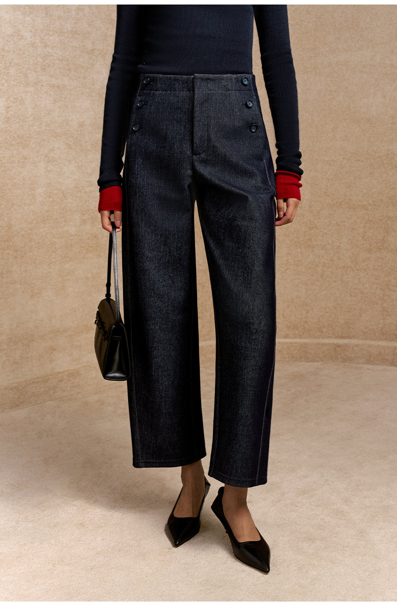 He Ye Bei Button-Detail Cropped Pants - Deep Denim Blue