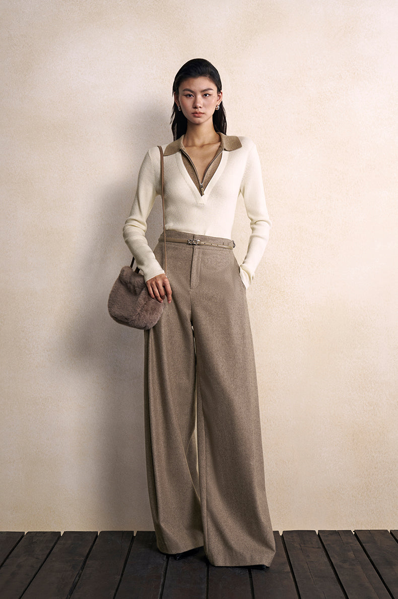 Xiao Xiang Shen Pleated Wool Trousers in Deer Camel - view 1
