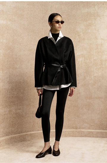Ranranyun Fitted Flared Wool Jacket in Ink Black - view 2
