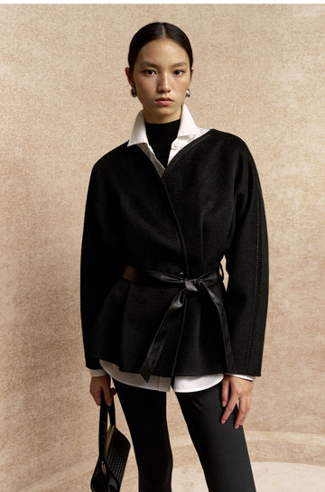 Ranranyun Fitted Flared Wool Jacket in Ink Black - view 3