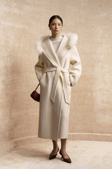 Zhishuangxin Hooded Belted Wool Blend Coat in Ivory White - view 1