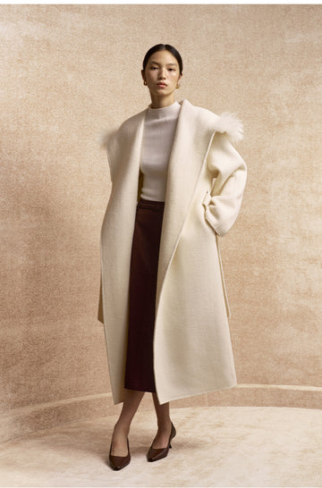 Zhishuangxin Hooded Belted Wool Blend Coat in Ivory White - view 2
